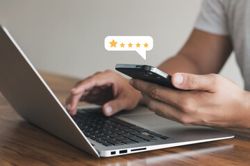 User give rating to service experience on online application, Customer review satisfaction feedback survey concept, Customer can evaluate quality of service leading to reputation ranking of business.