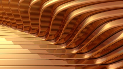 Wall Mural - Copper slices. Modern organic architecture detail. Futuristic metal Building. Art background with abstract curved shapes. 3D rendering