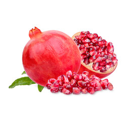 Fresh ripe pomegranate with leaves isolated on white background