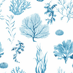 beautiful vector seamless underwater pattern with watercolor sea life coral shell and starfish. stoc