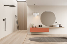 Light Bathroom Interior With Stylish Minimalist Sink And Shower