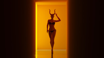 Wall Mural - Halloween Female Devil Witchcraft Demon Woman in a Simple Pumpkin Orange Corridor with a Polished Floor Creepy Woman Evil Demon Ghostly Figure 3d illustration render