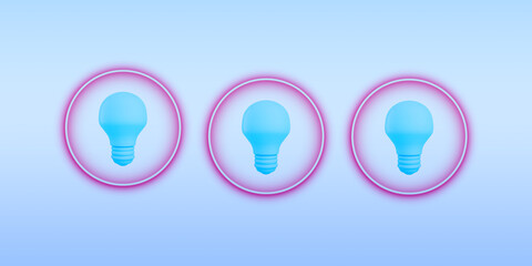 Canvas Print - Three light bulbs on a light blue background, in a minimalist concept, with a bright idea concept, and an isolated lamp, 3d rendering