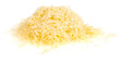 Grated cheese isolated white background . yellow shredded  cheese. Close up top view.