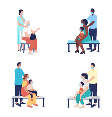 Sticker - Family on doctor visit semi flat color vector character set. Posing figures. Full body people on white. Waiting isolated modern cartoon style illustration for graphic design and animation collection