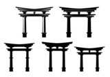 Fototapeta  - traditional japanese torii gate entrance to shinto shrine - black and white vector outline and silhouette design set