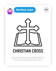 Wall Mural - Christianity, christian cross and Bible thin line icon. Religion. Vector illustration.