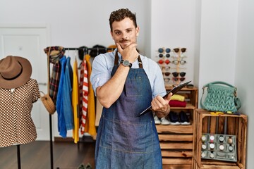 Poster - Handsome young man working as manager at retail boutique looking confident at the camera smiling with crossed arms and hand raised on chin. thinking positive.