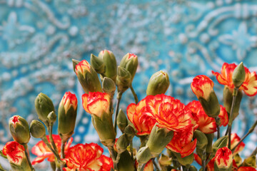 Canvas Print - Orange carnations on vintage ceramic background.