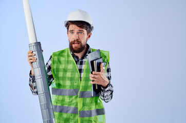 male worker with documents and drawings blueprints isolated background