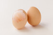 peeled egg shell expose the egg membrane on white background.