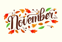 November Hand Lettering With Autumn Leaves Hand Drawn Decoration