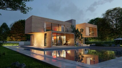 Wall Mural - Big contemporary villa in light wood with pool and garden  at sunset