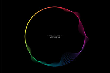 Wall Mural - Vector abstract circles lines wavy in round frame colorful light rainbow isolated on black background with empty space for text