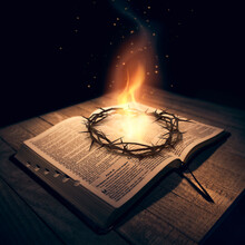Crown Of Thorns On Top Of The Bible With A Flame