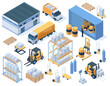 © WinWin - Isometric storage buildings, cargo trucks and warehouse workers. Industrial warehouse equipment, logistic delivery service vector illustration set. Warehouse storage elements