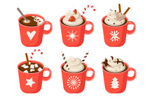 Christmas Holiday Coffee Mug. Cocoa With Marshmallows, Winter Warming Drinks And Hot Espresso Cup. Xmas Hot Chocolate Red Mugs Or Winter Cappuccino And Latte Cups. Isolated Vector Illustration Set