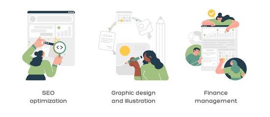 Wall Mural - creative business abstract concept vector illustration set. seo optimization, graphic design and ill