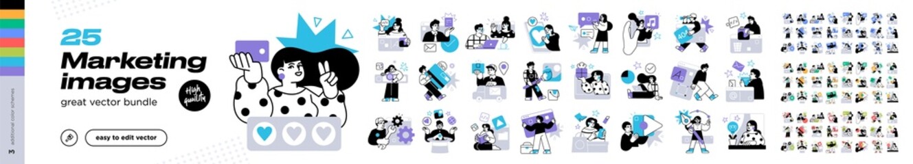 Wall Mural - Social Media Marketing illustrations. Mega set. Collection of scenes with men and women taking part in business activities. Trendy vector style