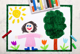 Fototapeta Młodzieżowe - Colorful drawing: Smiling girl is standing next to the tree