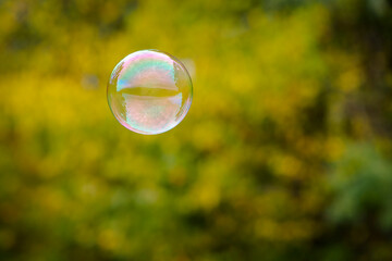 Wall Mural - multicolored soap bubble on a yellow background. Soap bubble. Isolated on yellow, autumn colors. reflex, detailed, close-up. multi-colored ball flies. holiday concept, childhood. close-up