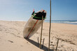 surfboard resting on a stick on the sunny beach