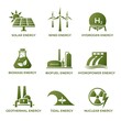 sustainable energy icon set. eco friendly, renewable and alternative power symbols. isolated vector images