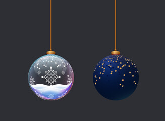 Two beautifull matte and glass balls. Toys for new year celebration. Christmass tree decoration elemenst. Crystall Ball with snowflakes