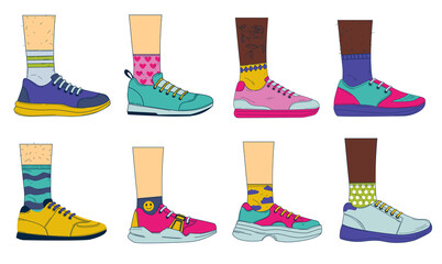 Doodle legs with shoes. Sport fashion footwear on woman's and man's feet with colored socks. Vintage casual sneakers set. Side view of boots with shoelaces. Vector people wear footgear