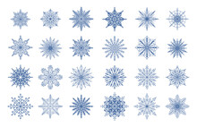 Cartoon Snowflakes. Winter Geometrical Ornamental Frozen Water Symbols. Christmas Snow Decorations Mockup. Blue Flakes Isolated Collection. Snowfall Pictograms. Vector Ice Crystals Set