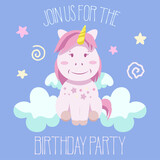 Fototapeta Dinusie - Birthday party invitation with baby unicorn