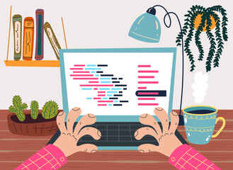 Programmer worker character develope computer programm code concept. Vector cartoon hand drawn illustration