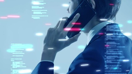 Wall Mural - Business man using mobile phone hand and face close up futuristic cyber space and computer coding background, finance online network communication digital world technology 