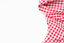 Tablecloth Picnic Red, White Texture Checkers. Fabric Textile Crumpled On White Background.