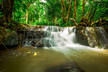  The natural background of waterfalls that blur the flow of water, with various tree species surrounded and boulders of various sizes, the beauty of the ecosystem and the jungles of forests.