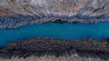 Fototapeta  - top down of studlagil canyon, extraordinary canyon with blue glacial river