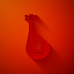 Wall Mural - Paper cut Ukrainian traditional musical instrument bandura icon isolated on red background. Paper art style. Vector