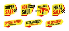 Super Sale Sticker, Hot Price Tag, Big Discount Badge Set. Extra Bonus And Special Offer With Up To 50, 70 Or 80 Percent Sale Off Only On Weekend Vector Illustration Isolated In White Background