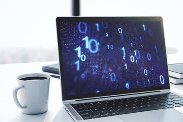 Modern computer monitor with creative abstract binary code hologram. Database and programming concept. 3D Rendering