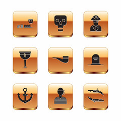 Poster - Set Treasure and riches, Anchor, Sailor captain, Smoking pipe, Wooden pirate leg, Pirate, Vintage pistols and Skull icon. Vector