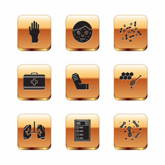 Wall Mural - Set Hand with psoriasis or eczema, Lungs, Clinical record, Inhaler, First aid kit, Medicine pill tablet, Bacteria and Face icon. Vector