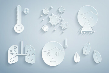 Wall Mural - Set High human body temperature, Handkerchief to his runny nose, Lungs, Sesame seeds, Bacteria and Medical digital thermometer icon. Vector