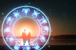 Horoscope concept, couple guy and girl on the background of a circle with the signs of the zodiac, astrology. Conceptual photo of a couple with perfect match between the signs of the zodiac.