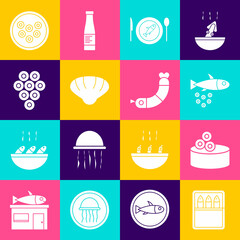 Set Canned fish, Tin can with caviar, Fish, Served on plate, Scallop sea shell, Caviar, and Shrimp icon. Vector