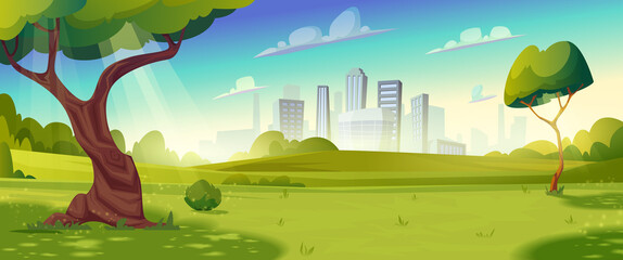 Summer glade with trees,bushes, hills.Sunny day, blue sky.Landscape with skyline cityscape house buildings on background