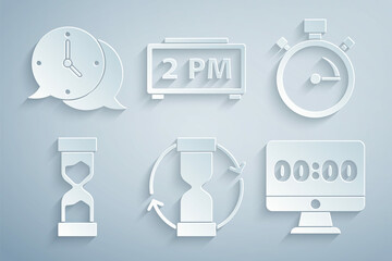 Sticker - Set Old hourglass, Stopwatch, Clock on monitor, Digital alarm clock and speech bubble icon. Vector