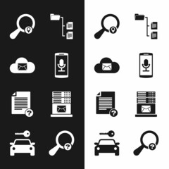 Sticker - Set Mobile recording, Cloud mail server, Search location, Folder tree, Unknown document and Mail icon. Vector