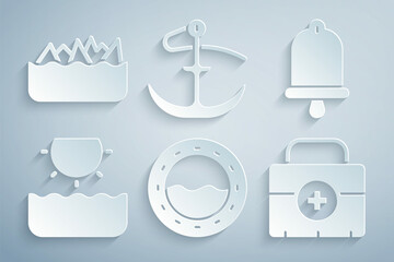 Wall Mural - Set Ship porthole, bell, Sun, First aid kit, Anchor and Sharp stone reefs icon. Vector