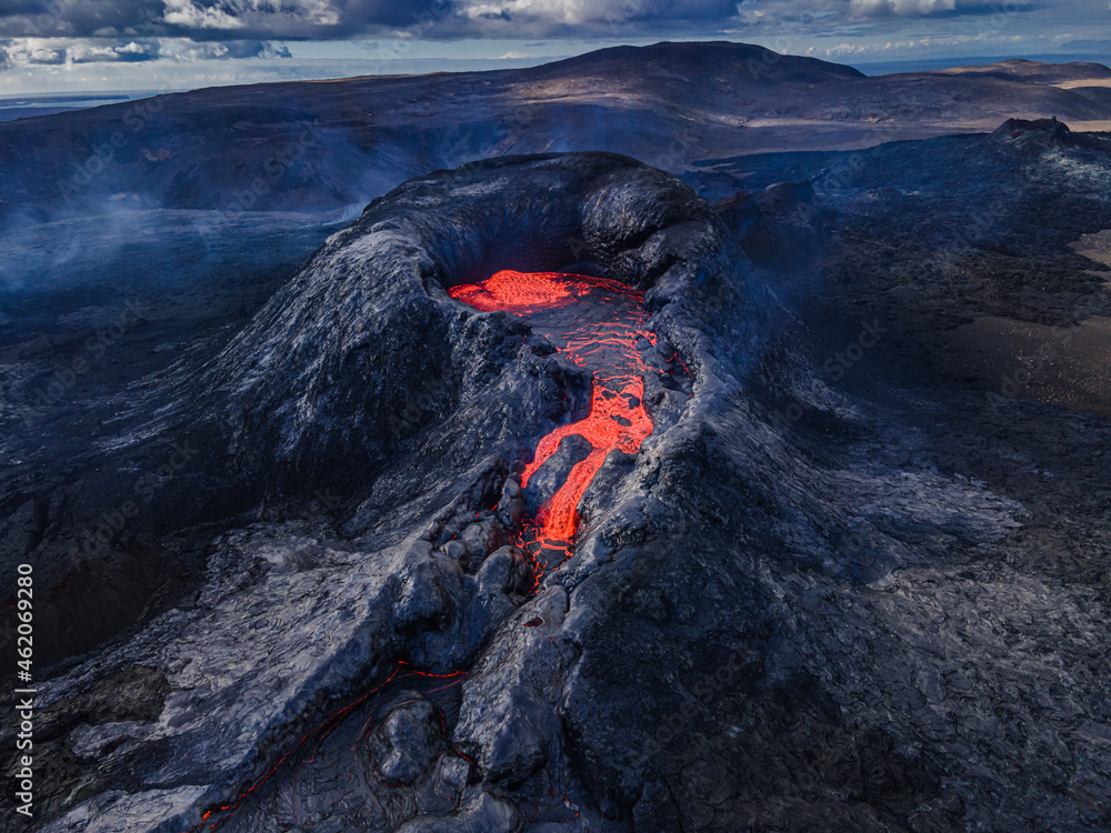 Crater opening from Fagradalsfjall volcano. View from above into the ...