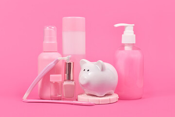 Pink tax concept with piggy bank and various stereotype pink colored hygiene product  marketed to women